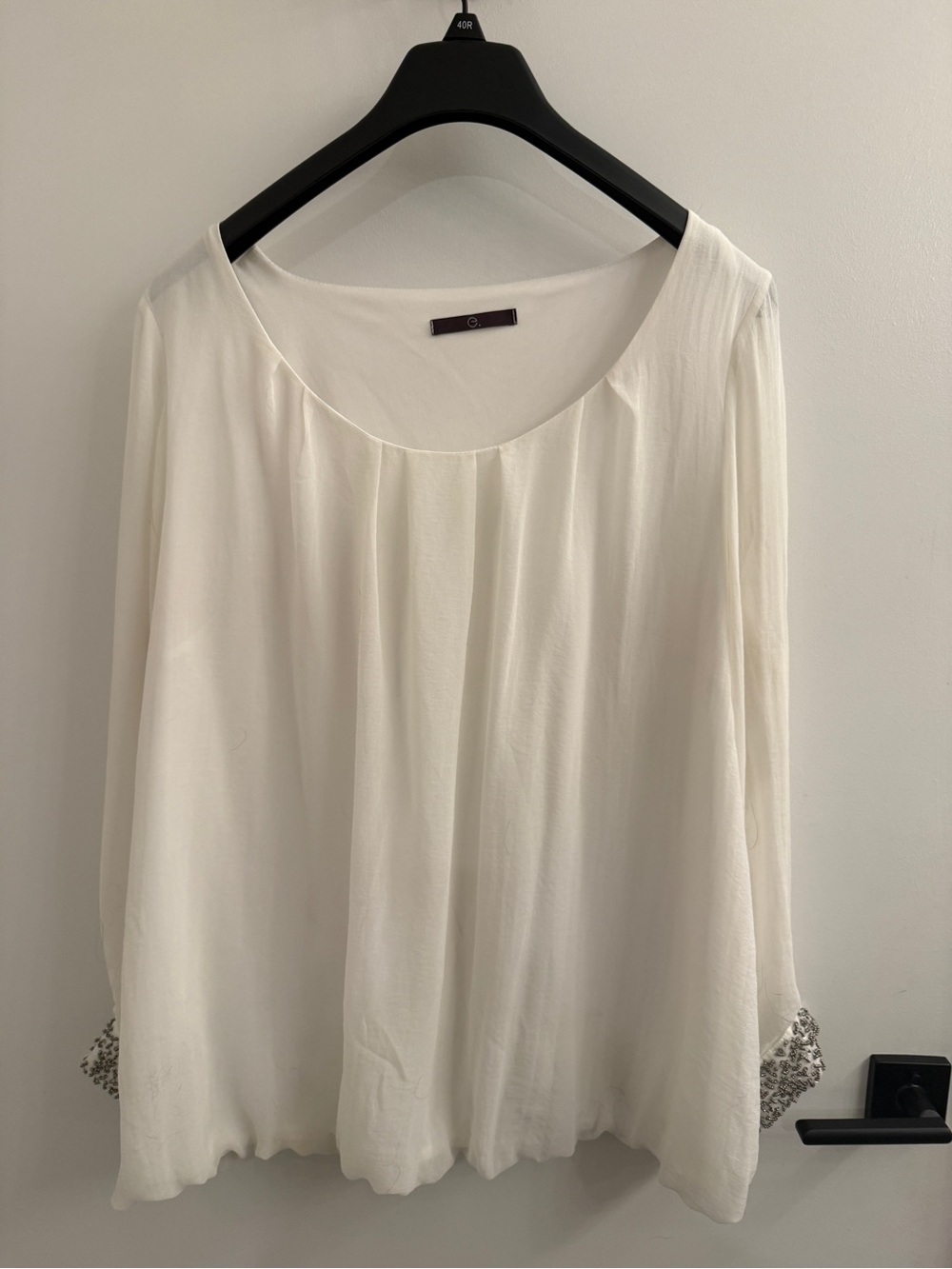 Scoop-Neck White Pleated Blouse with Beaded Cuffs
